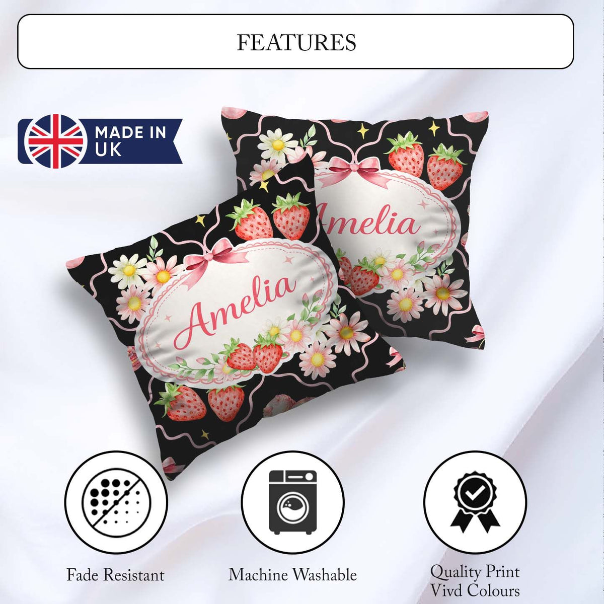 Custom Name Strawberry Cherry Daisy Soft Neutral Coquette Floral Square Filled Cushion Throw Pillow Sofa Bed Home Decor Zip Washable UK Made