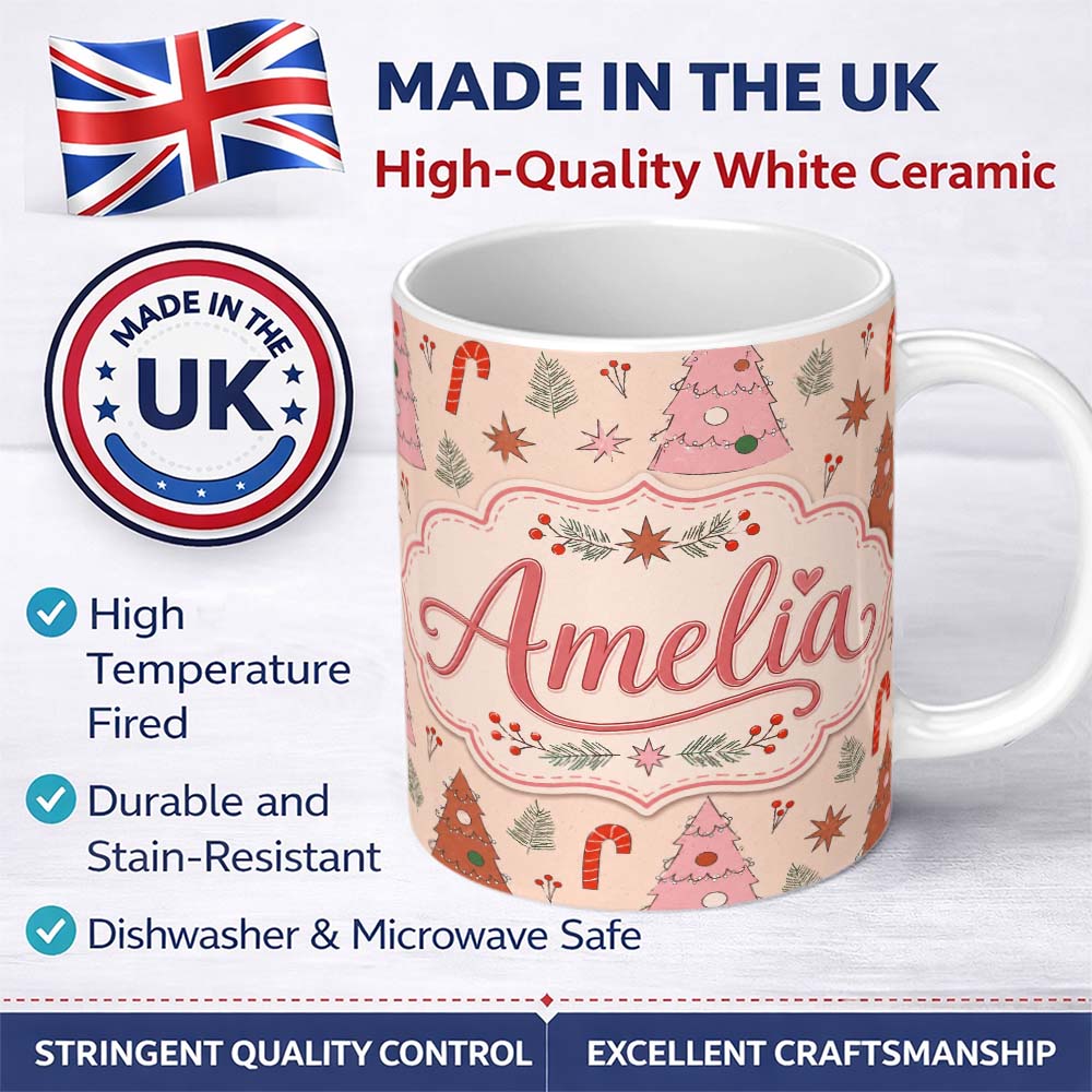 Personalized Custom Name Scandinavian Style Christmas Trees Candy Cane Cute Seamless Pattern 11oz Ceramic Coffee Tea Mug White Large Handle