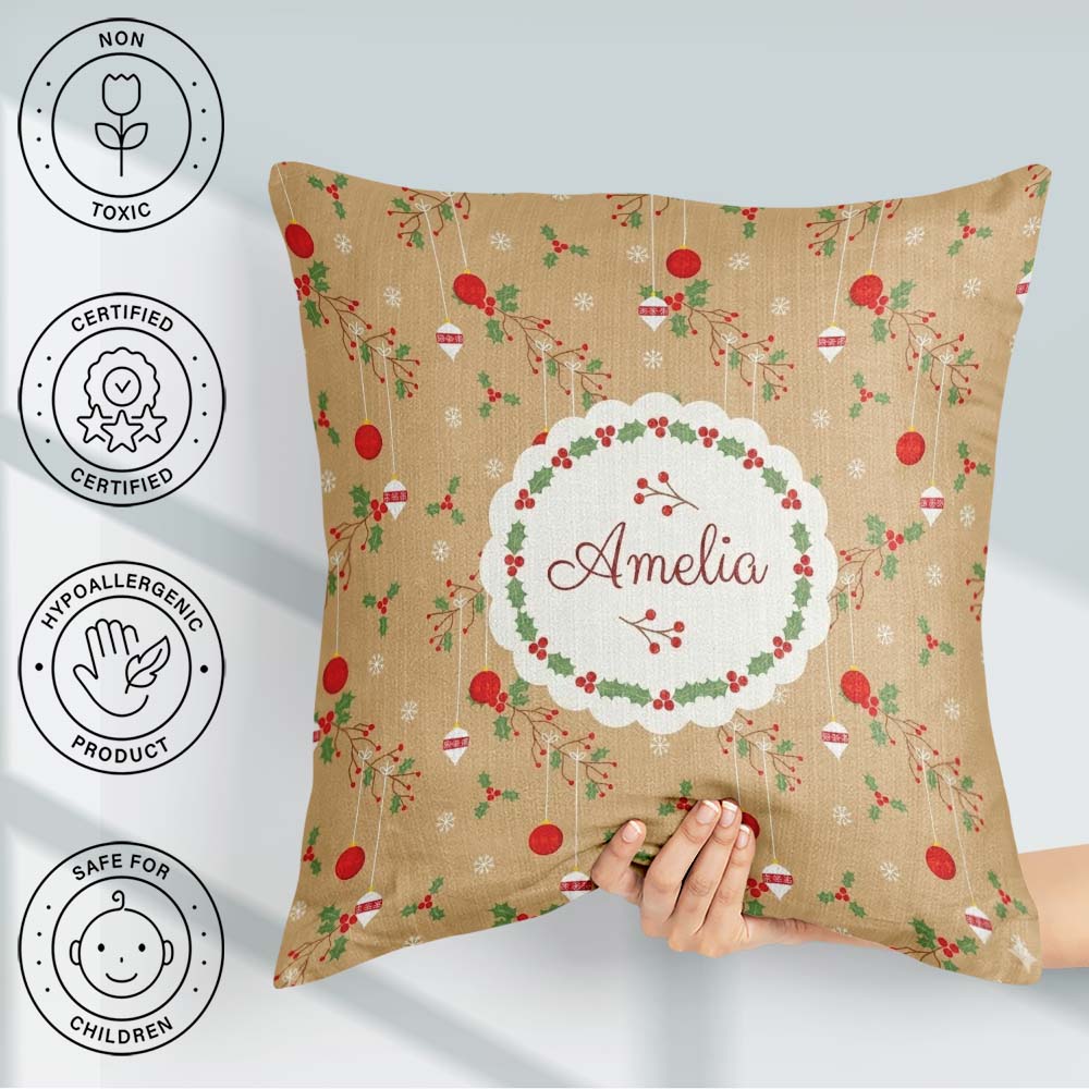 Custom Name Minimal Christmas Hanging Baubles Holly Branches and Square Filled Cushion Throw Pillow Sofa Bed Home Decor Zip Washable UK Made