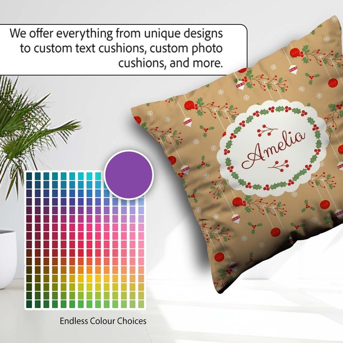 Custom Name Minimal Christmas Hanging Baubles Holly Branches and Square Filled Cushion Throw Pillow Sofa Bed Home Decor Zip Washable UK Made