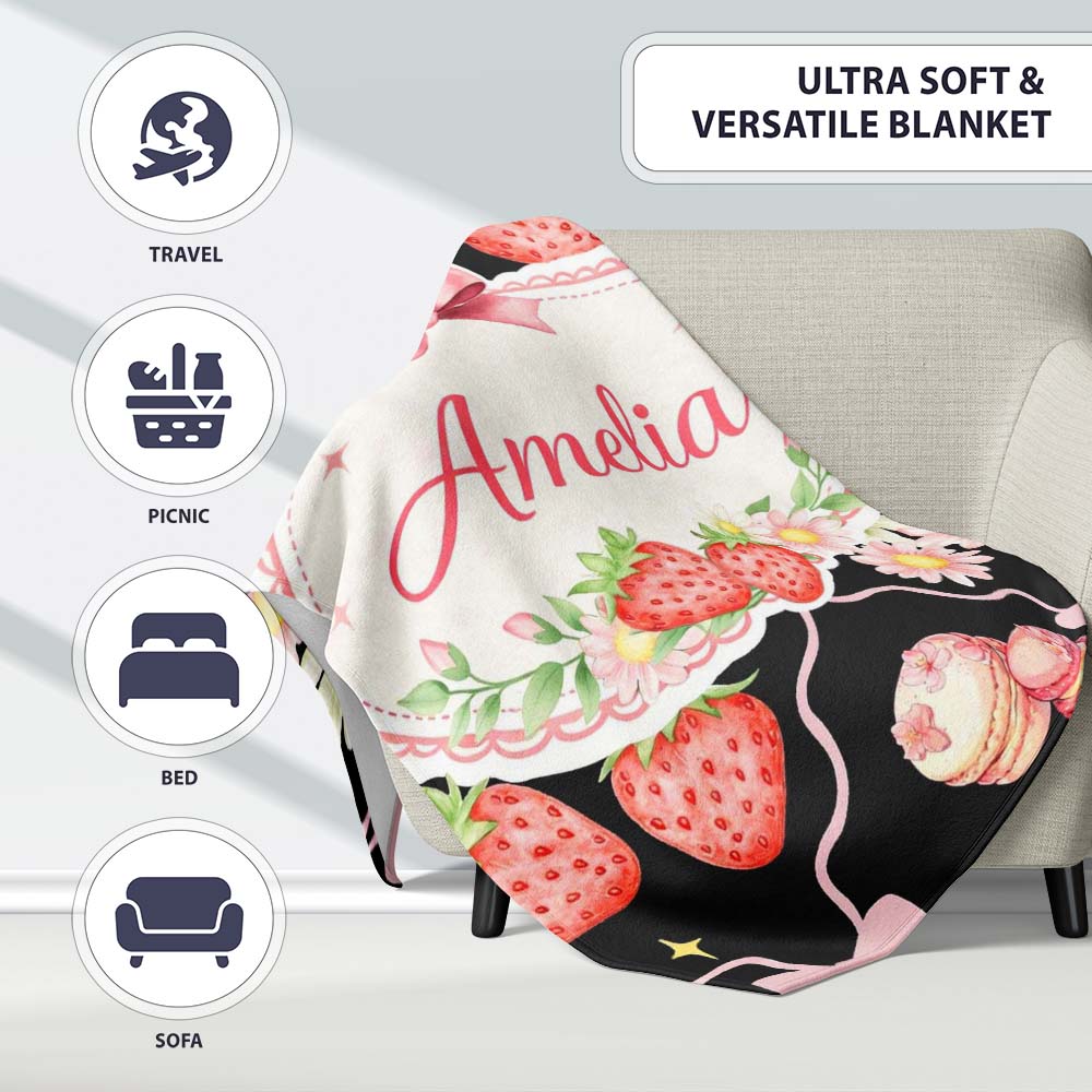 Strawberry Cherry Daisy Soft Neutral Outline Cute Coquette Floral  Personalised Custom Name Super Soft Fleece Blanket Bed Sofa Throw