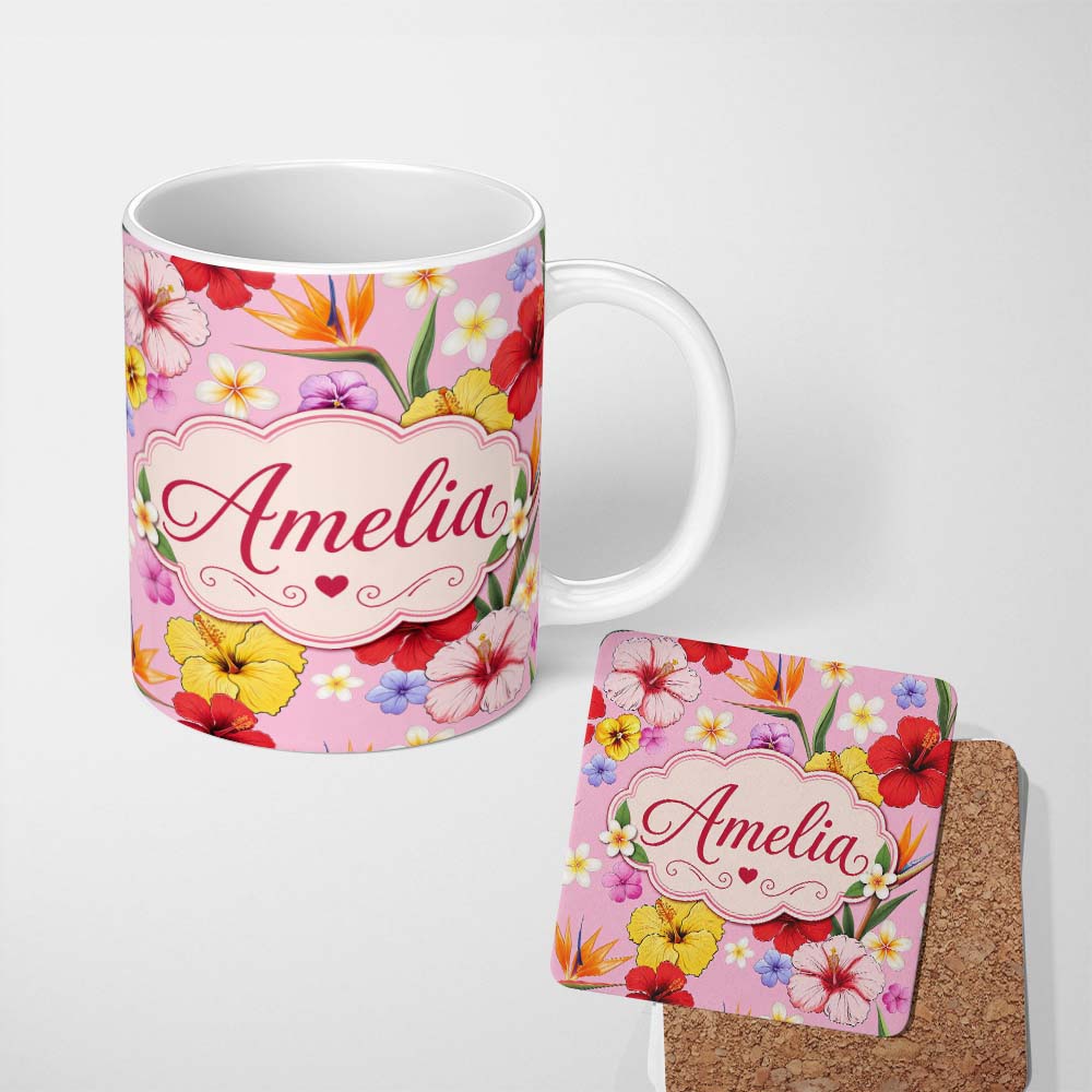 Personalized Custom Name Tropical Hibiscus Bird of Paradise Seamless Pattern Blush Background 11oz Ceramic Coffee Tea Mug White Large Handle