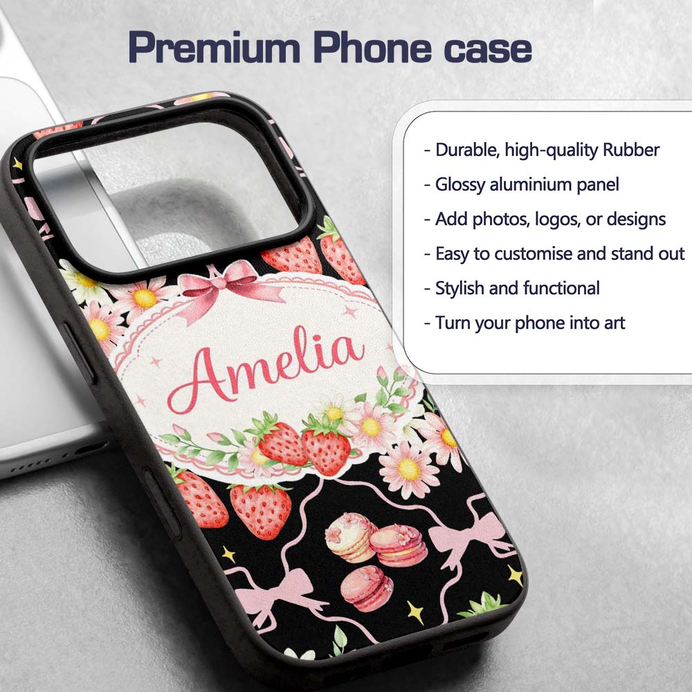 Strawberry Cherry Daisy Soft Neutral Outline Cute Custom Name Protective Phone Case Mobile Cover Durable Everyday Smartphone Shock Resistant