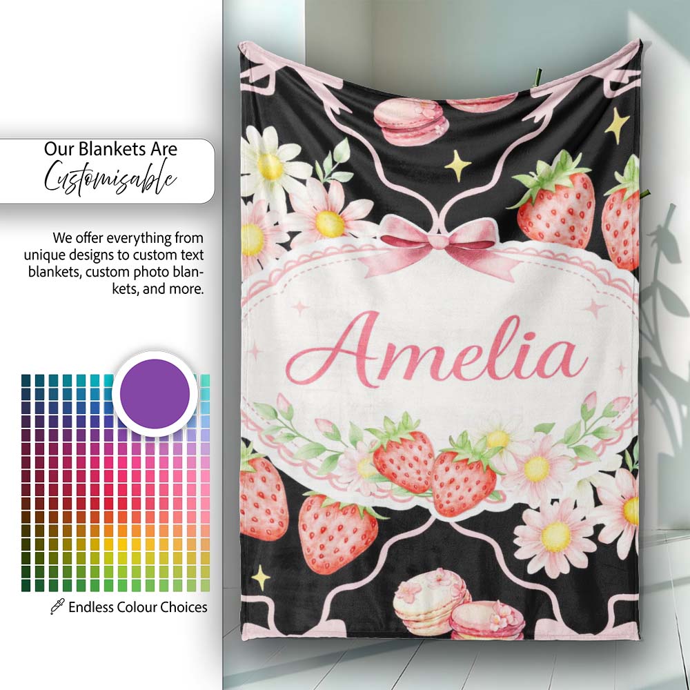 Strawberry Cherry Daisy Soft Neutral Outline Cute Coquette Floral  Personalised Custom Name Super Soft Fleece Blanket Bed Sofa Throw