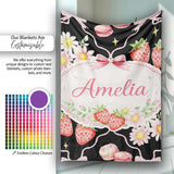 Strawberry Cherry Daisy Soft Neutral Outline Cute Coquette Floral  Personalised Custom Name Super Soft Fleece Blanket Bed Sofa Throw