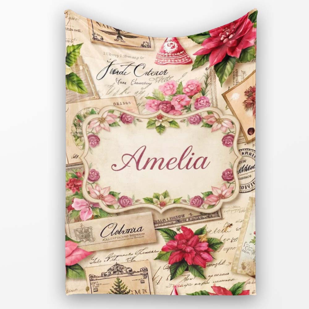 Vintage Floral Christmas Cards Poinsettia Roses and Antique Paper  Personalised Custom Name Super Soft Fleece Blanket Bed Sofa Throw