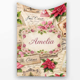 Vintage Floral Christmas Cards Poinsettia Roses and Antique Paper  Personalised Custom Name Super Soft Fleece Blanket Bed Sofa Throw