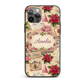 Vintage Floral Christmas Cards Poinsettia Roses Custom Name Protective Phone Case Mobile Cover Durable Everyday Smartphone Shock Resistant