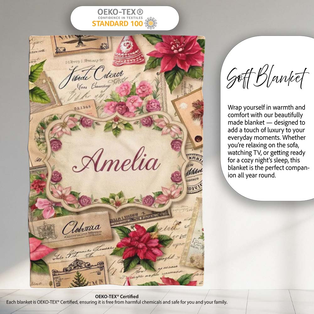 Vintage Floral Christmas Cards Poinsettia Roses and Antique Paper  Personalised Custom Name Super Soft Fleece Blanket Bed Sofa Throw