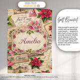 Vintage Floral Christmas Cards Poinsettia Roses and Antique Paper  Personalised Custom Name Super Soft Fleece Blanket Bed Sofa Throw