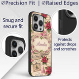 Vintage Floral Christmas Cards Poinsettia Roses Custom Name Protective Phone Case Mobile Cover Durable Everyday Smartphone Shock Resistant