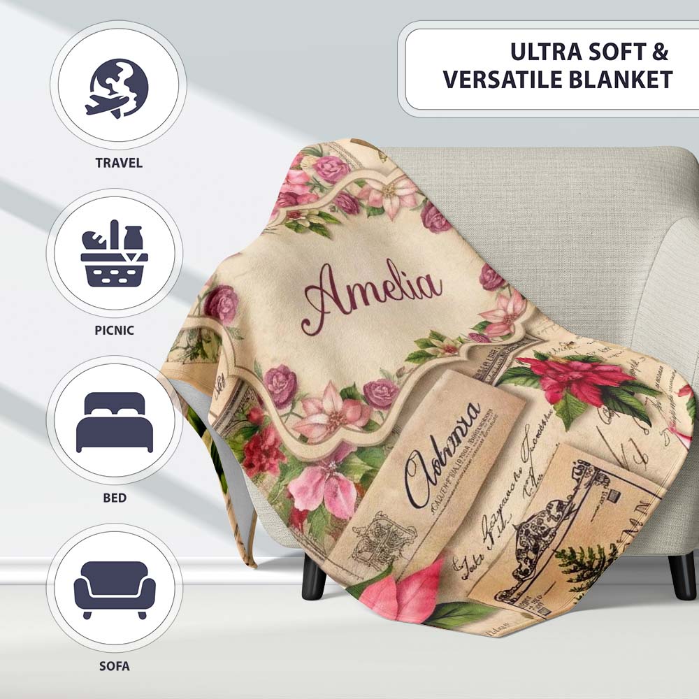 Vintage Floral Christmas Cards Poinsettia Roses and Antique Paper  Personalised Custom Name Super Soft Fleece Blanket Bed Sofa Throw