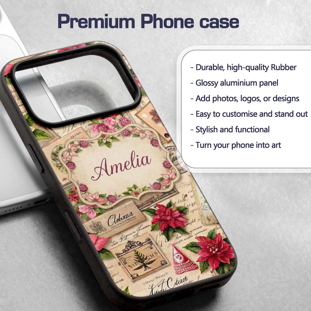Vintage Floral Christmas Cards Poinsettia Roses Custom Name Protective Phone Case Mobile Cover Durable Everyday Smartphone Shock Resistant