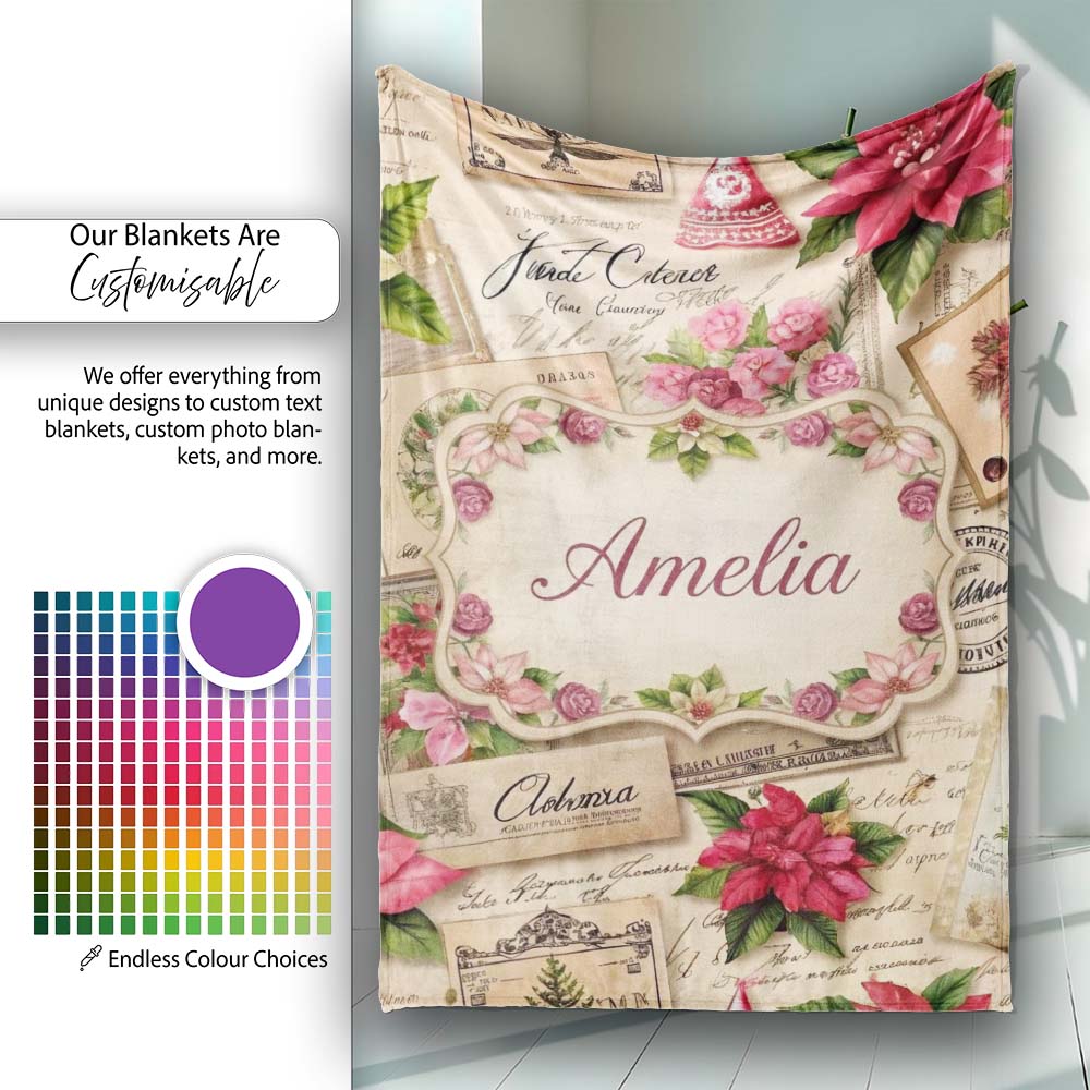 Vintage Floral Christmas Cards Poinsettia Roses and Antique Paper  Personalised Custom Name Super Soft Fleece Blanket Bed Sofa Throw
