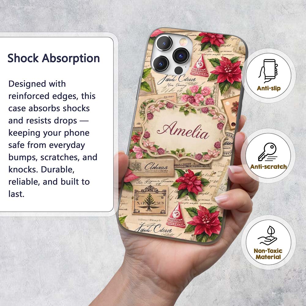 Vintage Floral Christmas Cards Poinsettia Roses Custom Name Protective Phone Case Mobile Cover Durable Everyday Smartphone Shock Resistant