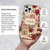 Vintage Floral Christmas Cards Poinsettia Roses Custom Name Protective Phone Case Mobile Cover Durable Everyday Smartphone Shock Resistant