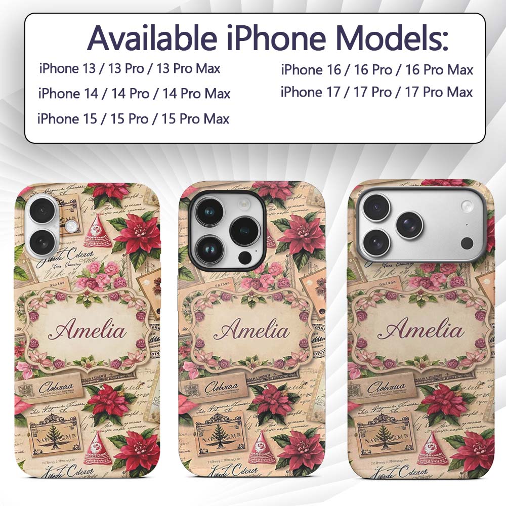 Vintage Floral Christmas Cards Poinsettia Roses Custom Name Protective Phone Case Mobile Cover Durable Everyday Smartphone Shock Resistant