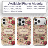 Vintage Floral Christmas Cards Poinsettia Roses Custom Name Protective Phone Case Mobile Cover Durable Everyday Smartphone Shock Resistant