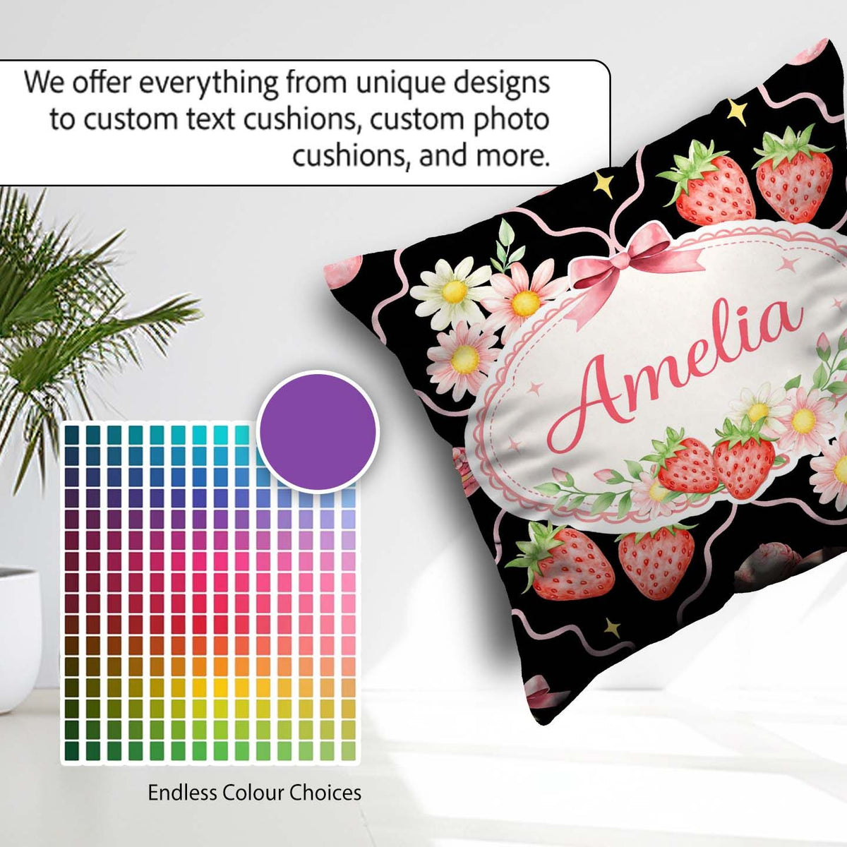 Custom Name Strawberry Cherry Daisy Soft Neutral Coquette Floral Square Filled Cushion Throw Pillow Sofa Bed Home Decor Zip Washable UK Made