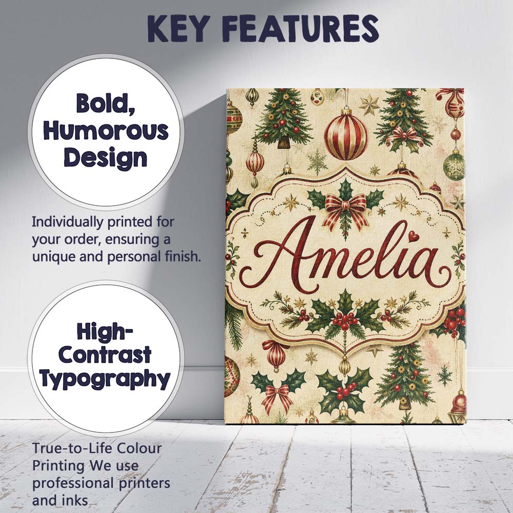 Personalised Name Classic Christmas Baubles Custom  Bespoke Interior Contemporary Canvas Wall Art Print Decor Picture Ready to Hang