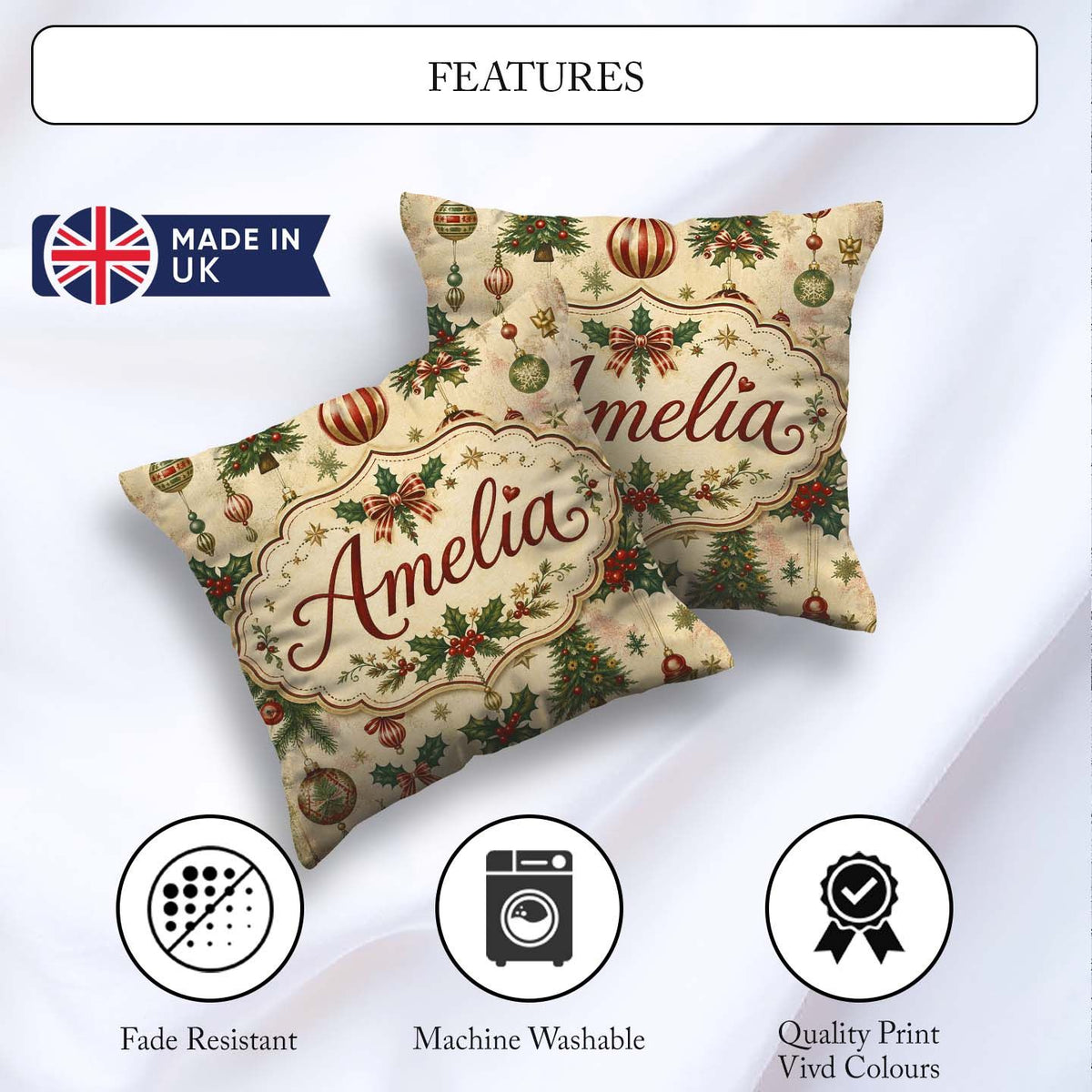 Custom Name Classic Baubles Trees and Snowflakes Festive Pattern Square Filled Cushion Throw Pillow Sofa Bed Home Decor Zip Washable UK Made