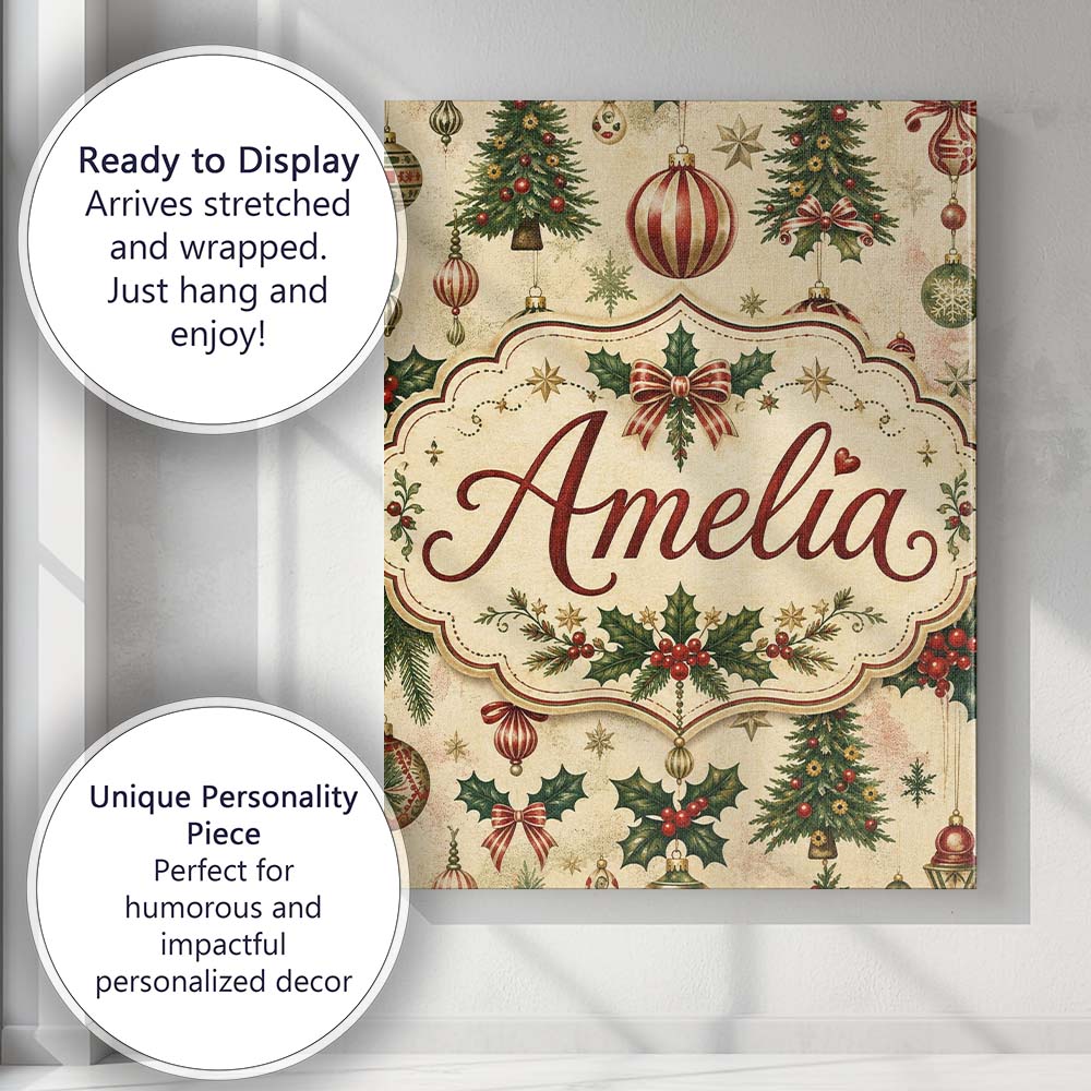 Personalised Name Classic Christmas Baubles Custom  Bespoke Interior Contemporary Canvas Wall Art Print Decor Picture Ready to Hang