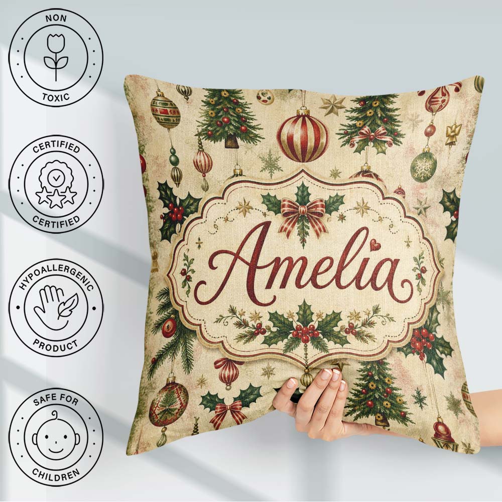 Custom Name Classic Baubles Trees and Snowflakes Festive Pattern Square Filled Cushion Throw Pillow Sofa Bed Home Decor Zip Washable UK Made