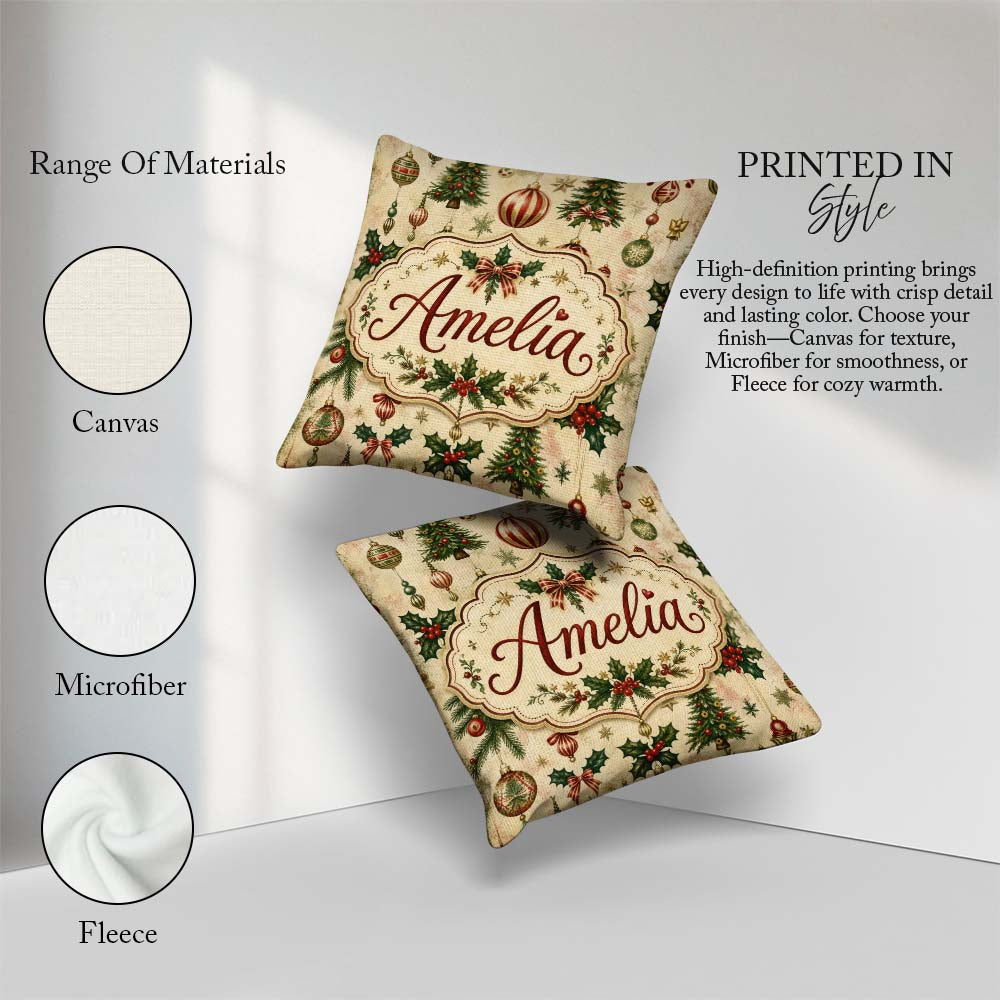 Custom Name Classic Baubles Trees and Snowflakes Festive Pattern Square Filled Cushion Throw Pillow Sofa Bed Home Decor Zip Washable UK Made