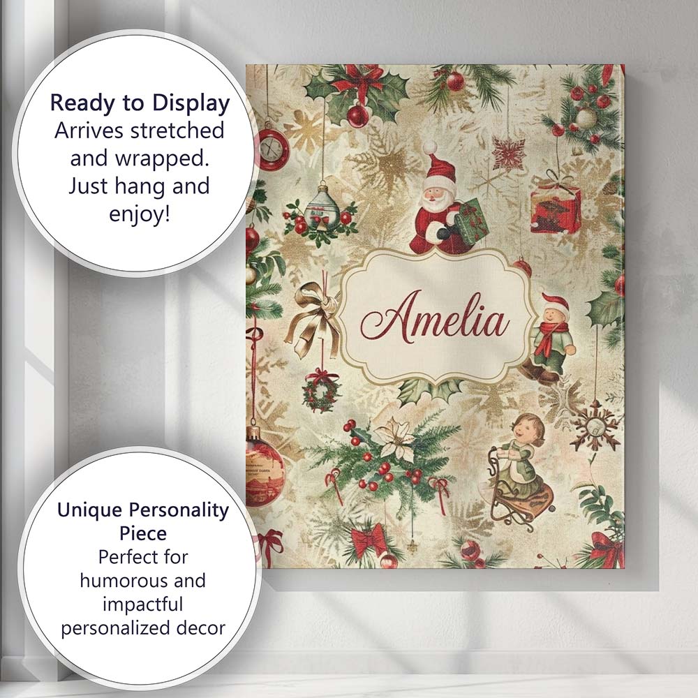 Personalised Name Whimsical Santa Claus Custom  Modern Room Accent Elegant Feature Canvas Wall Art Print Decor Picture Ready to Hang