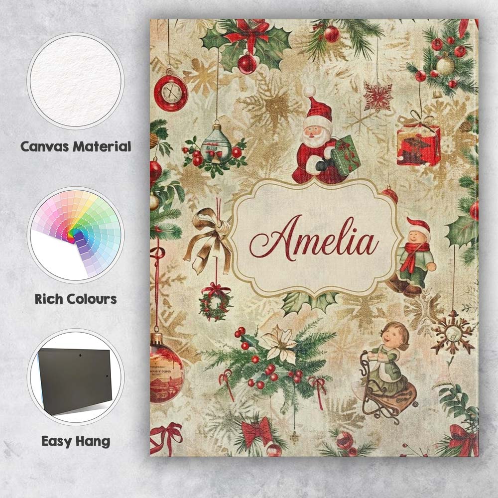 Personalised Name Whimsical Santa Claus Custom  Modern Room Accent Elegant Feature Canvas Wall Art Print Decor Picture Ready to Hang
