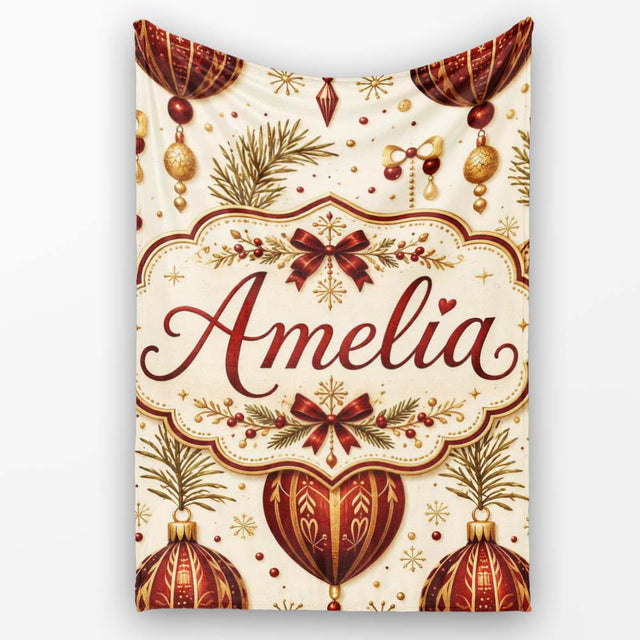 Vintage Christmas Bells Holly Leaves Pine Branches and Festive  Personalised Custom Name Super Soft Fleece Blanket Bed Sofa Throw