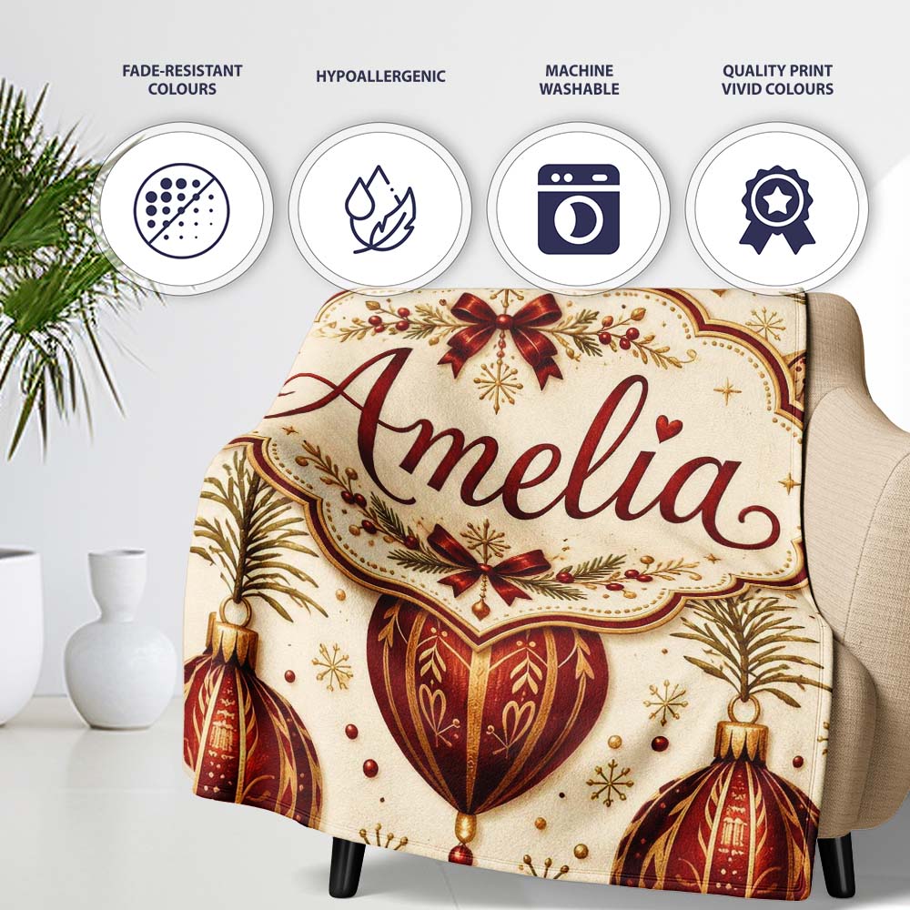 Vintage Christmas Bells Holly Leaves Pine Branches and Festive  Personalised Custom Name Super Soft Fleece Blanket Bed Sofa Throw