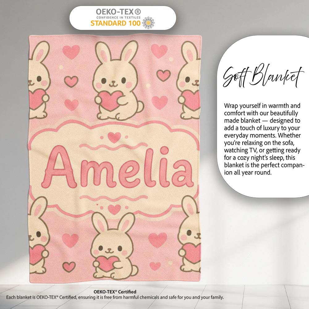 Cute Bunny Heart Cartoon Animal Love Pattern Perfect Gift for Her  Personalised Custom Name Super Soft Fleece Blanket Bed Sofa Throw