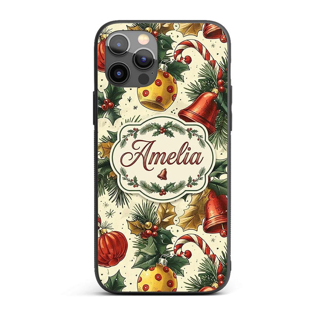 Elegant Christmas Baubles Pine Branches Bows and Custom Name Protective Phone Case Mobile Cover Durable Everyday Smartphone Shock Resistant