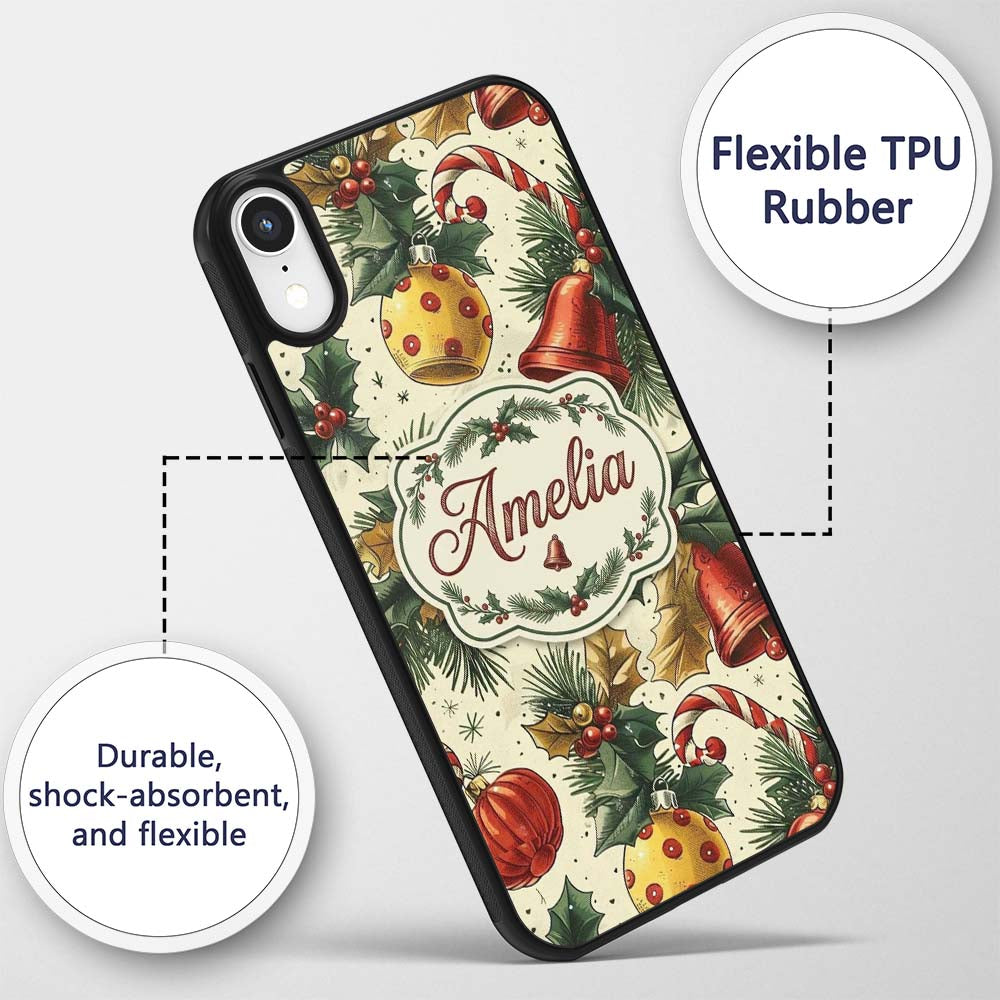 Elegant Christmas Baubles Pine Branches Bows and Custom Name Protective Phone Case Mobile Cover Durable Everyday Smartphone Shock Resistant