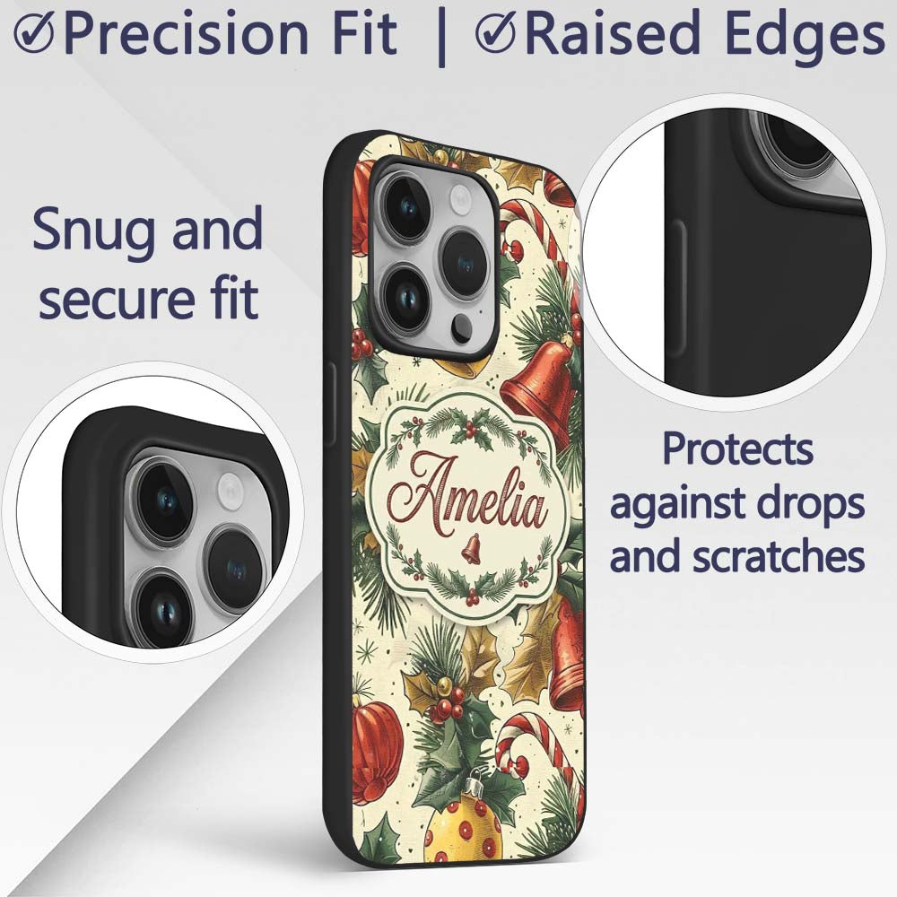 Elegant Christmas Baubles Pine Branches Bows and Custom Name Protective Phone Case Mobile Cover Durable Everyday Smartphone Shock Resistant