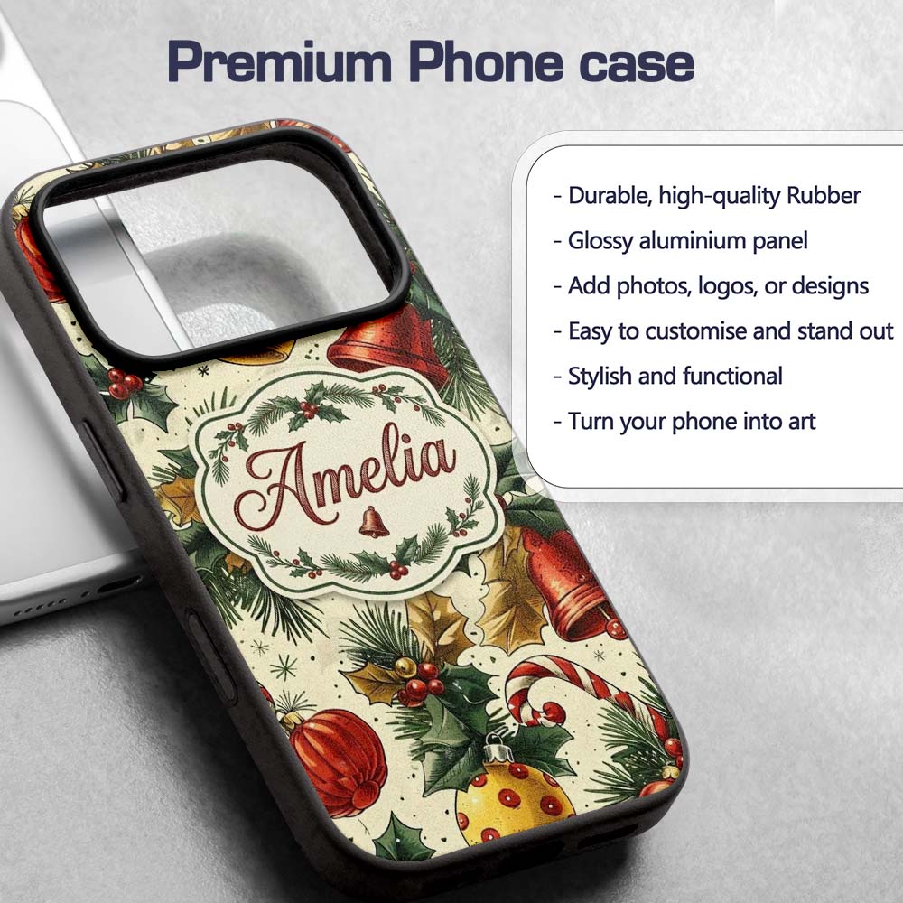 Elegant Christmas Baubles Pine Branches Bows and Custom Name Protective Phone Case Mobile Cover Durable Everyday Smartphone Shock Resistant