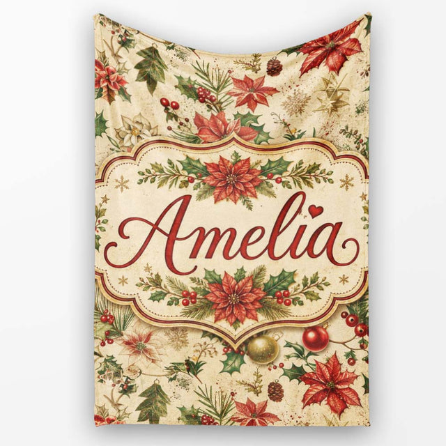 Delicate Christmas Florals Holly Berries Pine Sprigs and Festive  Personalised Custom Name Super Soft Fleece Blanket Bed Sofa Throw