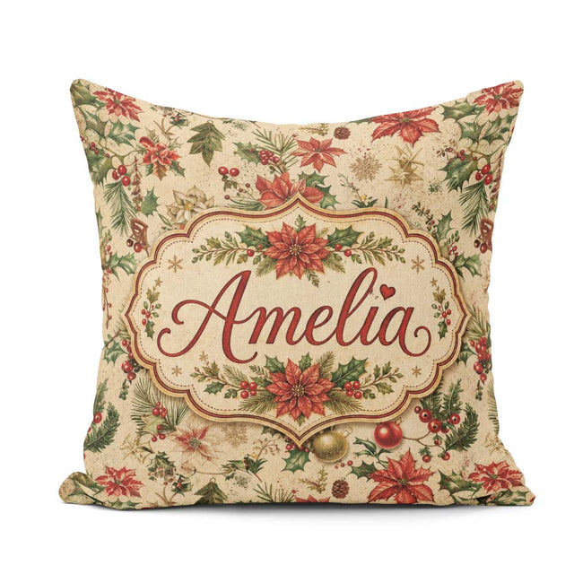 Custom Name Delicate Christmas Florals Holly Berries Pine Sprigs Square Filled Cushion Throw Pillow Sofa Bed Home Decor Zip Washable UK Made