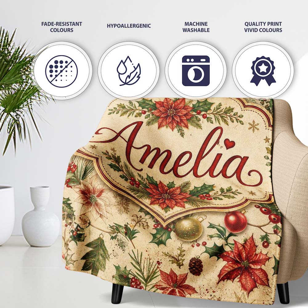Delicate Christmas Florals Holly Berries Pine Sprigs and Festive  Personalised Custom Name Super Soft Fleece Blanket Bed Sofa Throw
