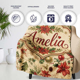 Delicate Christmas Florals Holly Berries Pine Sprigs and Festive  Personalised Custom Name Super Soft Fleece Blanket Bed Sofa Throw