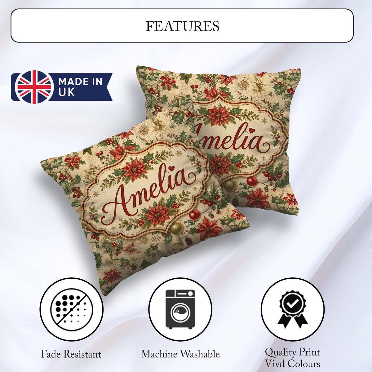 Custom Name Delicate Christmas Florals Holly Berries Pine Sprigs Square Filled Cushion Throw Pillow Sofa Bed Home Decor Zip Washable UK Made