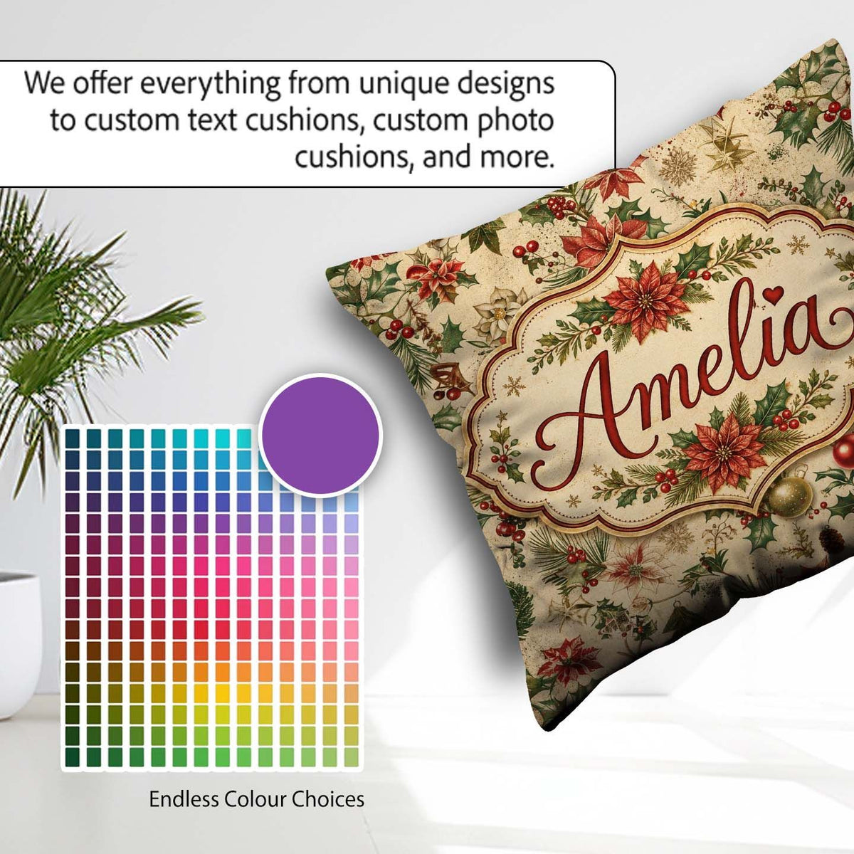 Custom Name Delicate Christmas Florals Holly Berries Pine Sprigs Square Filled Cushion Throw Pillow Sofa Bed Home Decor Zip Washable UK Made