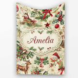 Vintage Christmas Children Santa Tree Ornaments Holly Festive Lovely  Personalised Custom Name Super Soft Fleece Blanket Bed Sofa Throw