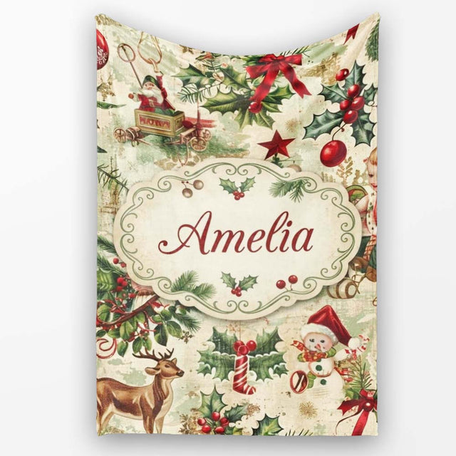 Vintage Christmas Children Santa Tree Ornaments Holly Festive Lovely  Personalised Custom Name Super Soft Fleece Blanket Bed Sofa Throw