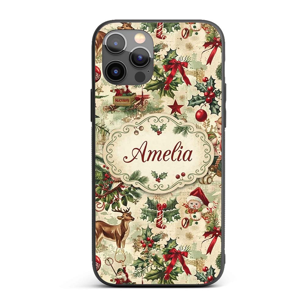 Vintage Christmas Children Santa Tree Ornaments Custom Name Protective Phone Case Mobile Cover Durable Everyday Smartphone Shock Resistant