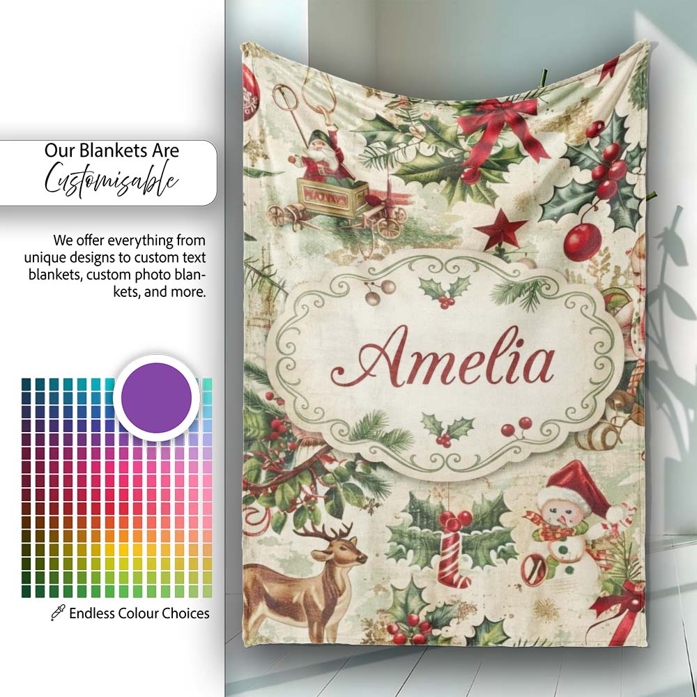Vintage Christmas Children Santa Tree Ornaments Holly Festive Lovely  Personalised Custom Name Super Soft Fleece Blanket Bed Sofa Throw