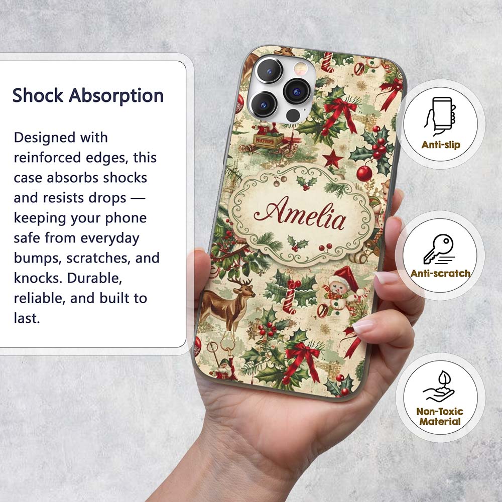 Vintage Christmas Children Santa Tree Ornaments Custom Name Protective Phone Case Mobile Cover Durable Everyday Smartphone Shock Resistant