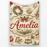 Rustic Christmas Wreath Bells Pine Branches Baubles and Snowy Lovely  Personalised Custom Name Super Soft Fleece Blanket Bed Sofa Throw