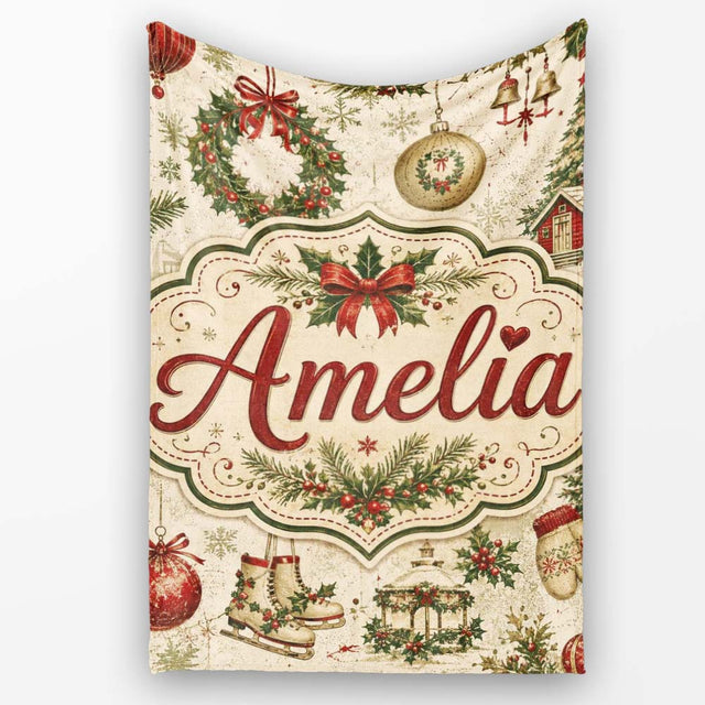 Rustic Christmas Wreath Bells Pine Branches Baubles and Snowy Lovely  Personalised Custom Name Super Soft Fleece Blanket Bed Sofa Throw